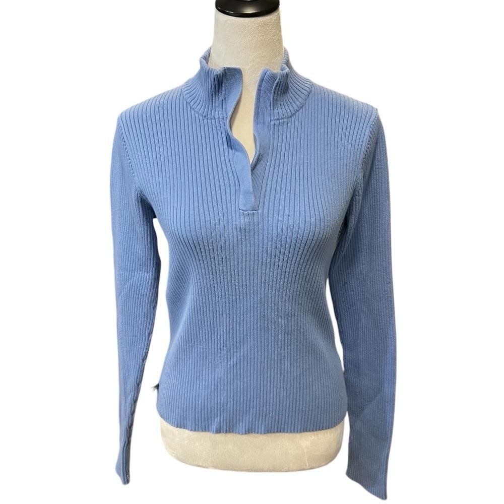 AK Anne Klein Sport Blue Ribbed Cotton Blend 1/4 Zip Sweater (M)